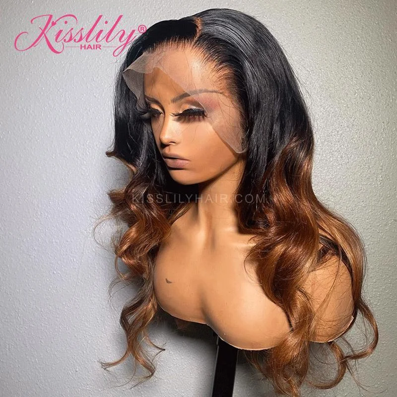 Colored wig with a purple - violet shade for a regal and elegant lookKisslily Hair Ombre Body Wave 13x4 Lace Frontal Human Hair 180%  Density 1B/30 Pre Plucked [CHC56]