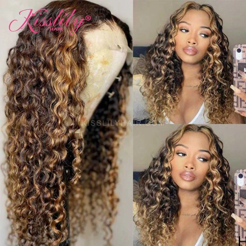 Colored wig with a pre - plucked hairline for a more natural lookKisslily Hair Ombre Curly Wig 13x4 Lace Frontal Human Hair 180%  Density Pre Plucked [CDC65]