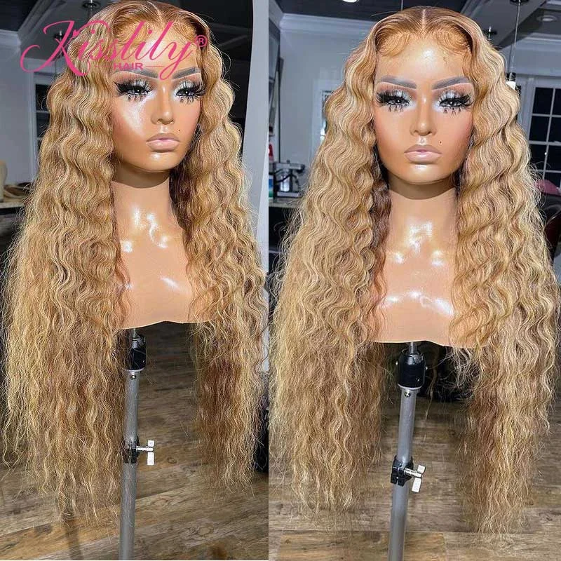 Colored wig with a pre - bleached knot for a natural - looking scalpKisslily Hair Ombre Highlight Water Wave 13x4 Lace Front Wig 180%  Density Pre Plucked [CDC46]