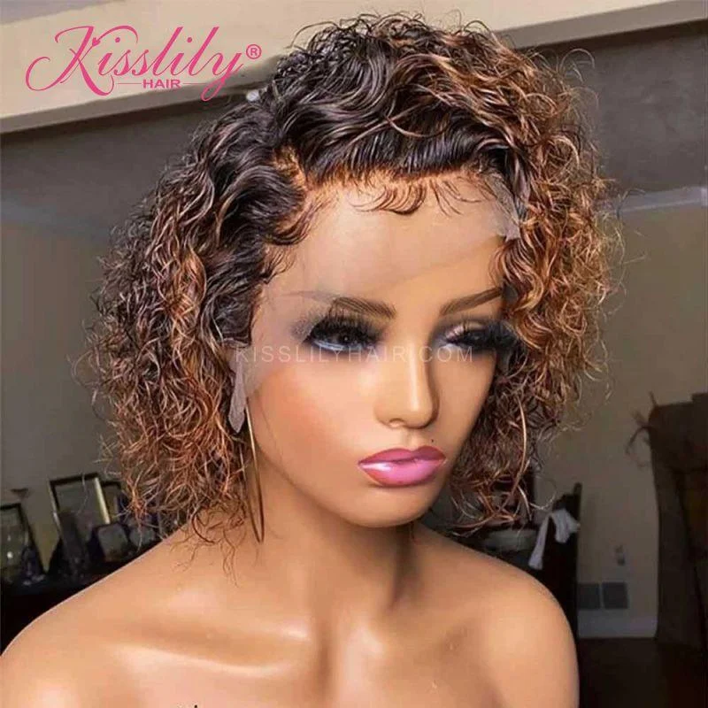 Colored wig in a vibrant pink color for a bold and eye - catching lookKisslily Hair Ombre Honey Blonde Curly 13x4 Lace Front Bob Wig 150% Density  Pre Plucked [CHC62]