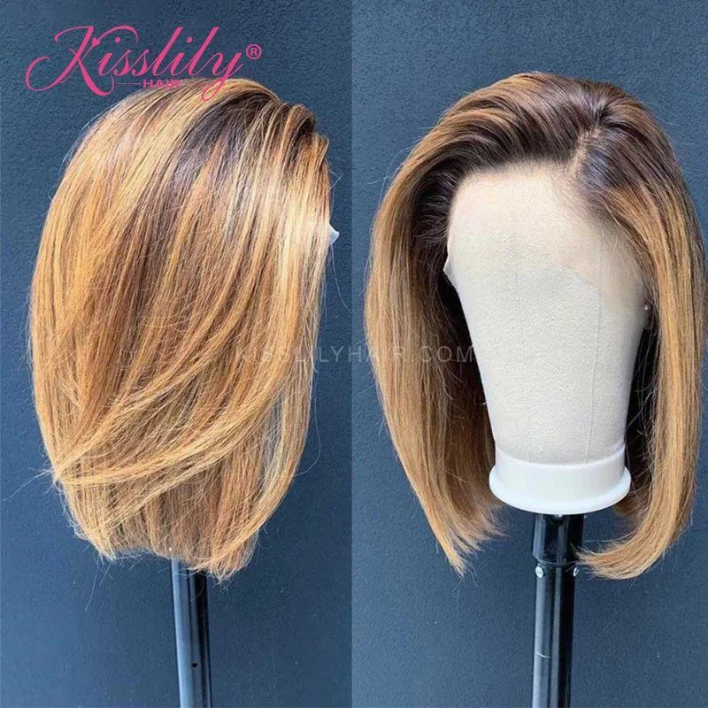 Colored wig with a red - orange hue for a warm and energetic lookKisslily Hair Ombre Straight Bob 13x4 Lace Frontal Human Hair 180%  Density Pre Plucked [CDC63]