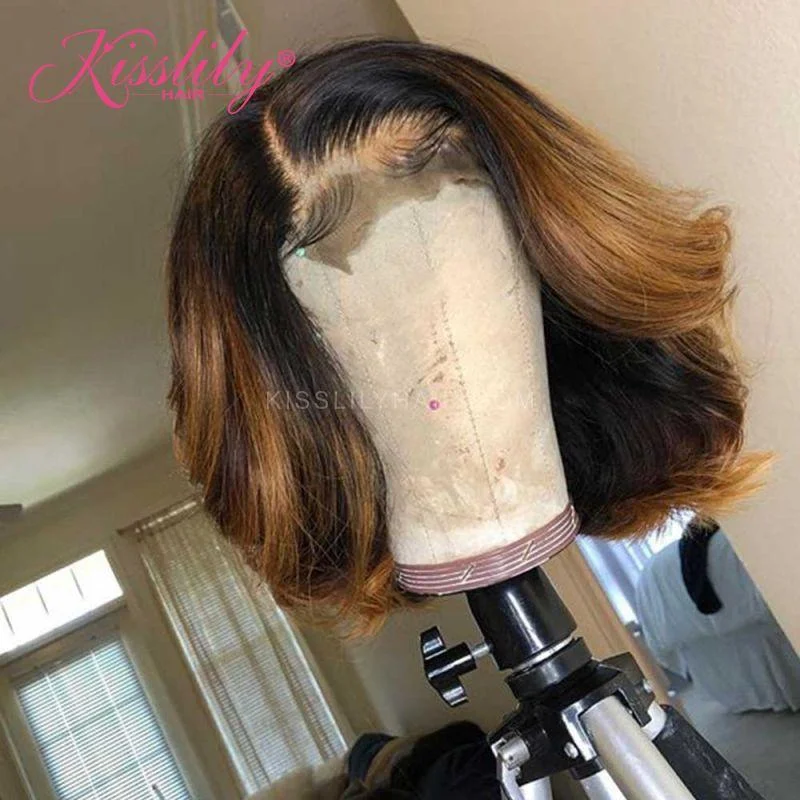 Colored wig with a 150 - density for a full and thick appearanceKisslily Hair Ombre Wavy Bob 13x4 Lace Frontal Human Hair Pre Plucked 180%  Density [CDC64]