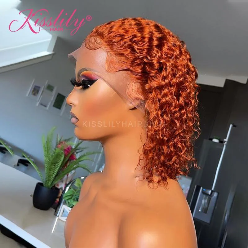 Colored wig with a silk - base cap for a comfortable and smooth feelKisslily Hair Short Bob Ginger 13x4 Lace Front Deep Curly Human Hair Wig 150% Density Pre Plucked [CHC22]