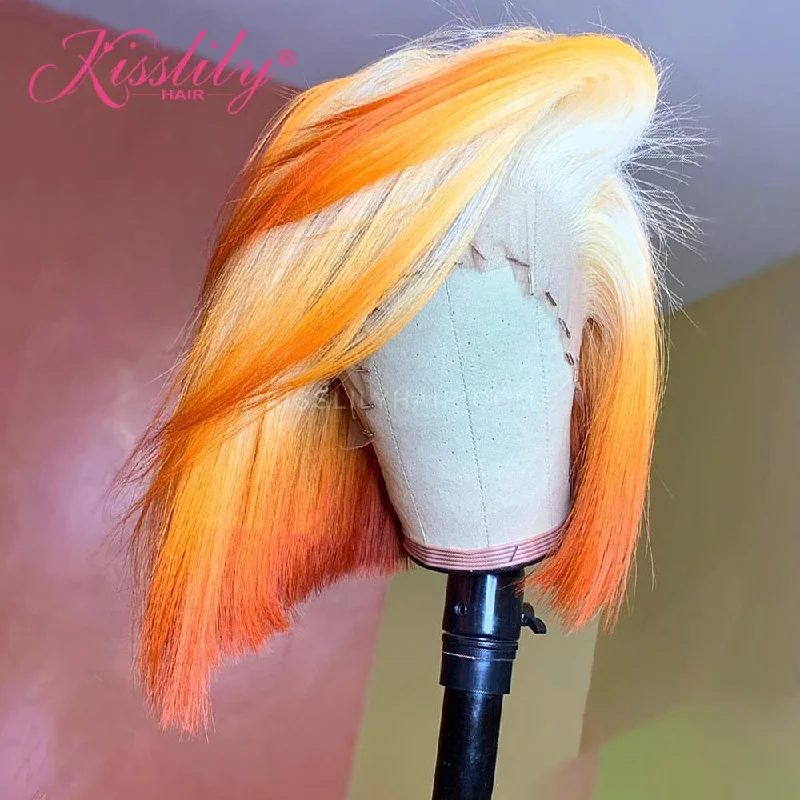 Colored wig with a side - part for a more flattering appearanceKisslily Hair Short Bob Ginger Orange 613 Lace Frontal Wigs Colored Human Hair 180% Density Straight [CDC29]