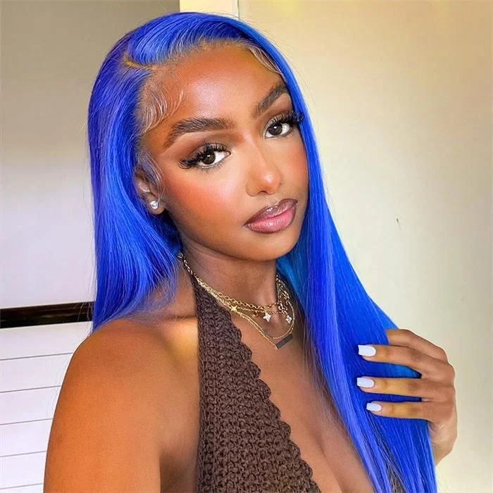 Human - hair colored wig for a natural and luxurious feelKlein Blue Straight HD Lace Front Wig Glueless Human Hair Wig