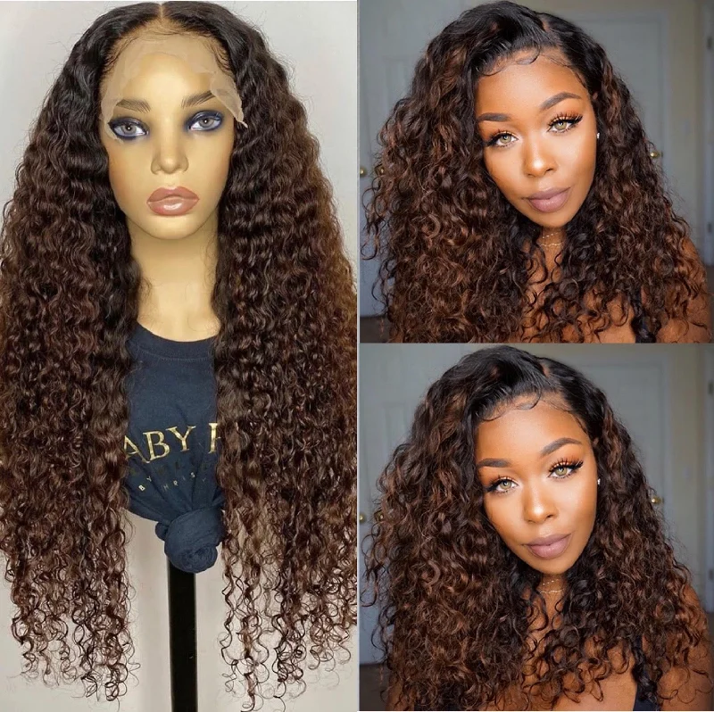 Human - hair colored wig for a natural and luxurious feelLace Frontal Human Hair Wig Kinky Curl Style Ombre Brown Color