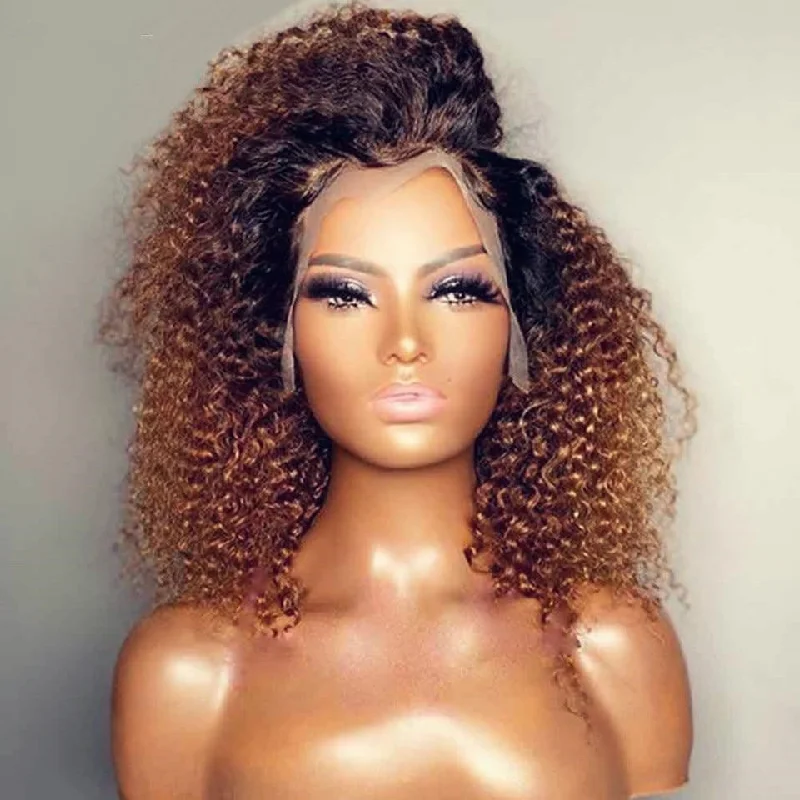 Colored wig with a middle - part for a classic and elegant styleLace Frontal Transparent Human Hair Wig Ombre Brown Curl Style Hair