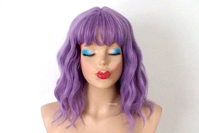 Colored wig with a side - swept bang for a sophisticated look16" Lavender Short Wavy Hair with Bangs Wig