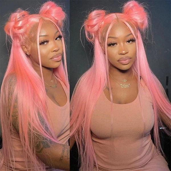 Colored wig with a 150 - density for a full and thick appearanceLight Pink 13x4 HD Lace Frontal Wigs Glueless Straight Human Hair Wig Pre Plucked Bleached Knots