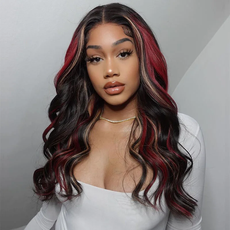 Colored wig with a silver - grey color for a trendy and cool - toned lookMulti Color Ombre Highlights 13x4 Lace Front Wig Red And Blonde Body Wave Wigs