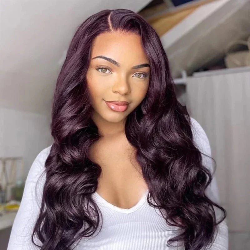 Colored wig with a pre - plucked hairline for a more natural lookNew Color Deep Purple Color Glueless 180% Density Body Wave wig 13x4 Transparent Frontal Transparent Lace Wig