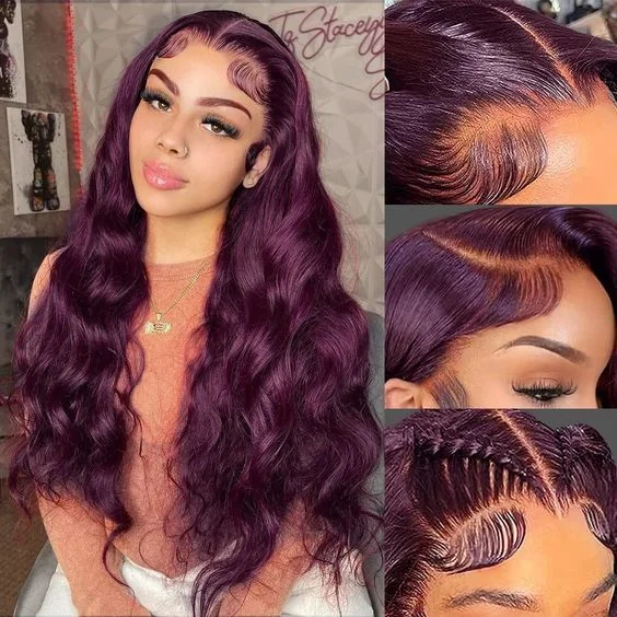 Colored wig with a curly texture for a bold and stylish choiceNew Color Deep Purple Color Body Wave Wig Transparent Frontal Transparent Lace Wig 180% Density Hair Wig