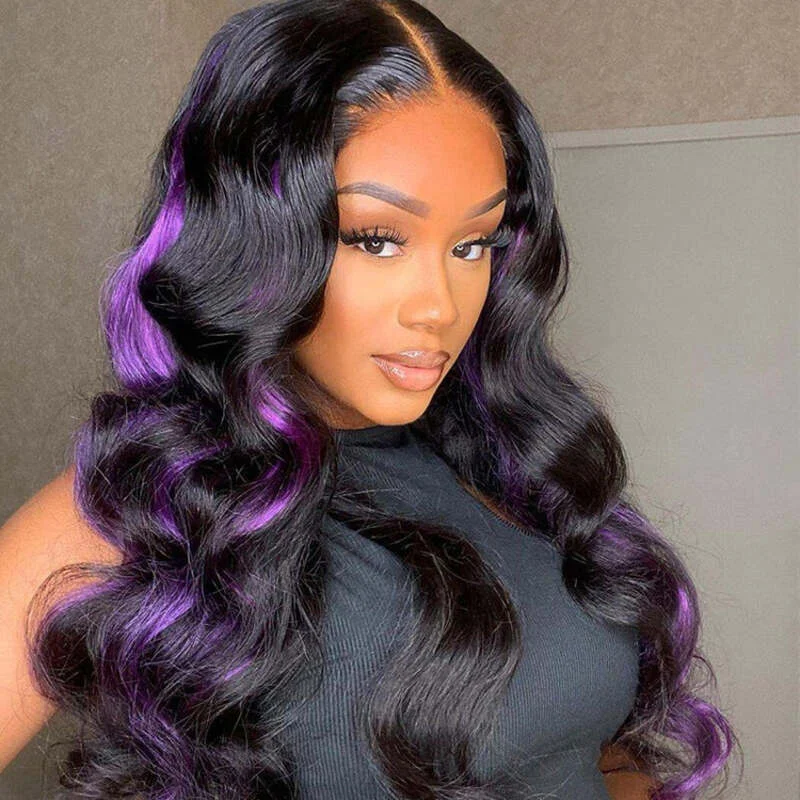 Colored wig with a natural - looking root for a more realistic lookNew Color For Black With Purple Highlights Color Wig Body Wave 13x4 Transparent Lace Wig Human Hair