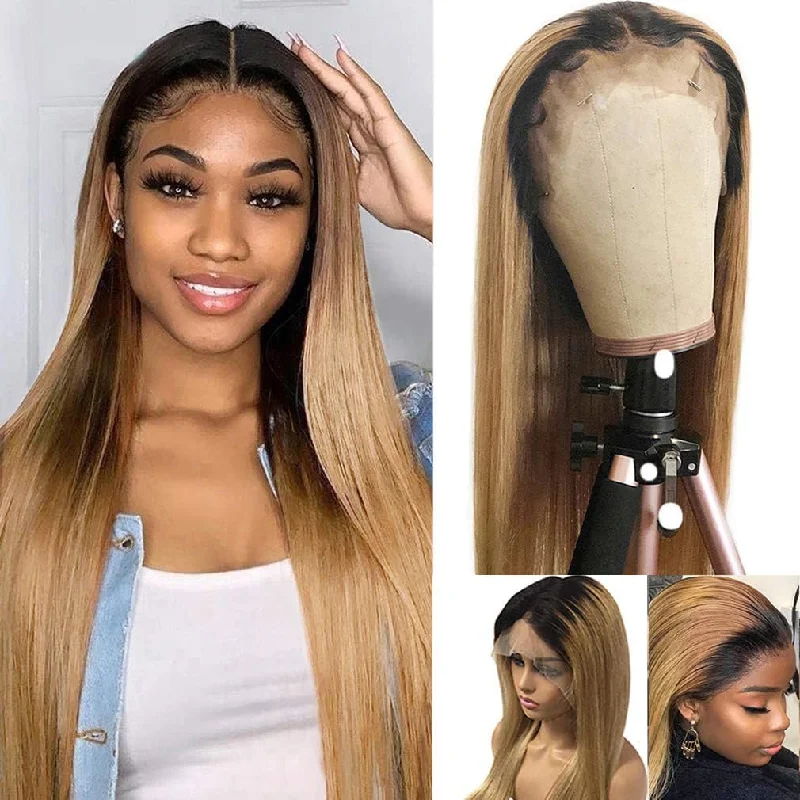 Colored wig with a curly texture for a bold and stylish choiceOmbre 1B/27 Honey Blonde Color Straight HD Lace Front Wigs