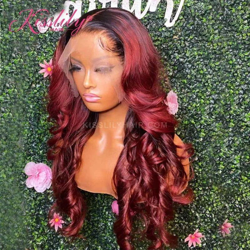 Colored wig with a natural - looking root for a more realistic lookKisslily Hair Ombre 1B Red Body Wave 13x4 Lace Frontal Human Hair 200% Density Pre Plucked [CHC64]