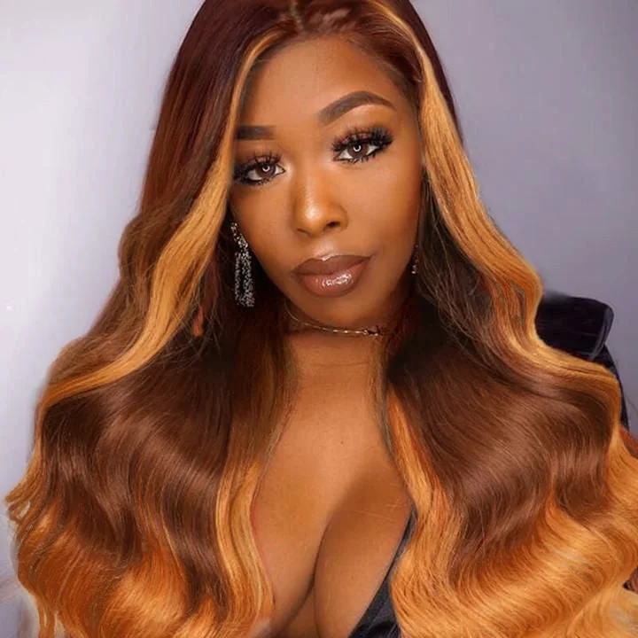 Colored wig with a wavy texture for a beachy and fun lookOmbre #4/30 Highlight Color Body Wave Lace Wig 4x4/13x4/13x6 Lace Front Wig