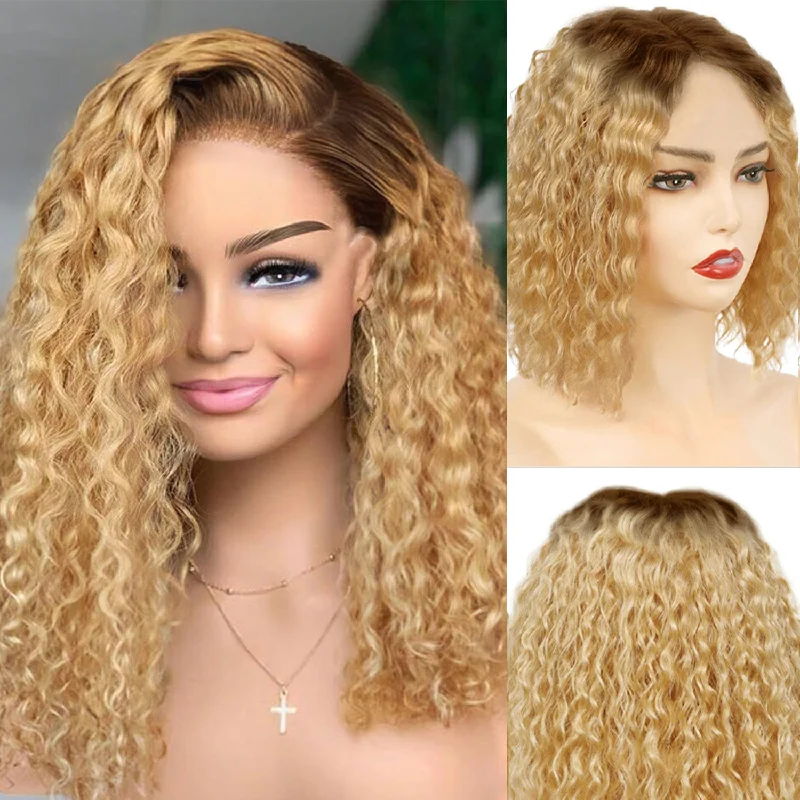 Human - hair colored wig for a natural and luxurious feelLight Brown Ombre Honey Blonde Color Curly Wig Transparent Lace Front Human Hair Wig