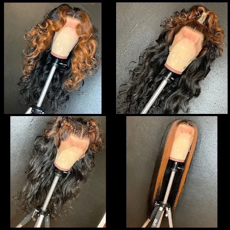 Colored wig with a pre - bleached knot for a natural - looking scalpOmbre Color Lace Frontal Human Hair Wigs Loose Wave Style