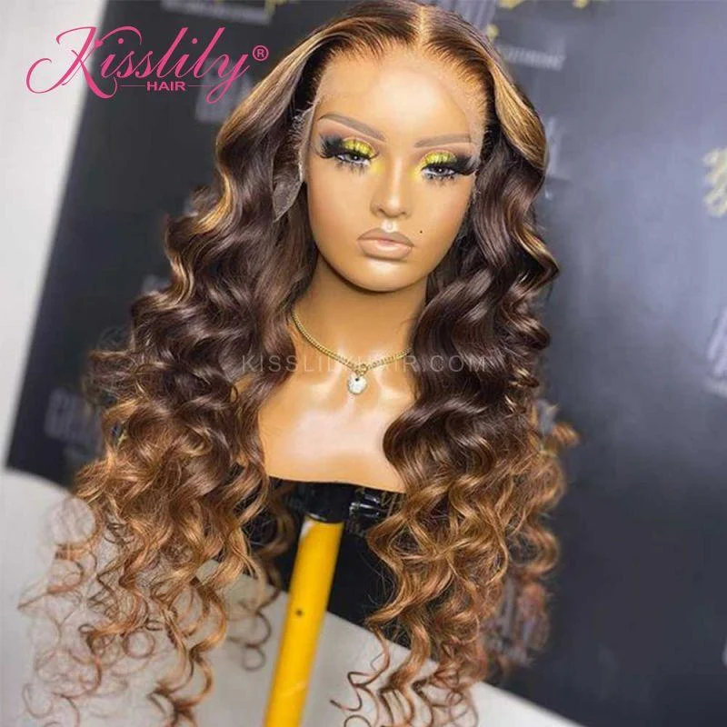 Colored wig with a pre - bleached knot for a natural - looking scalpKisslily Hair Ombre Honey Blonde Loose Deep Wave 13x4 Lace Frontal Human Hair 250% Density For Black Women [CHC65]