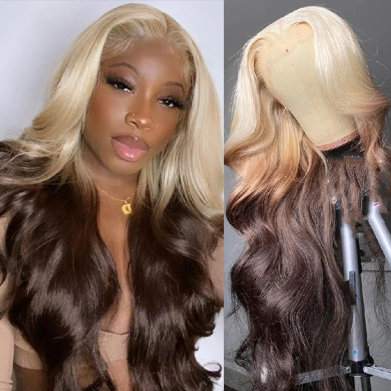 Colored wig with a pre - plucked hairline for a more natural lookOmbre Lace Front Wigs Body Wave 613 Blonde Brown Human Hair Wigs