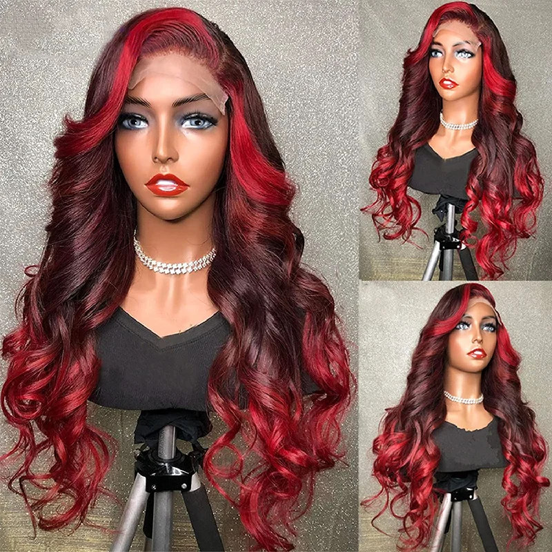 Colored wig with a wispy fringe for a soft and feminine lookOmbre Red HD Lace Frontal Human Hair Wigs Loose Wave Style