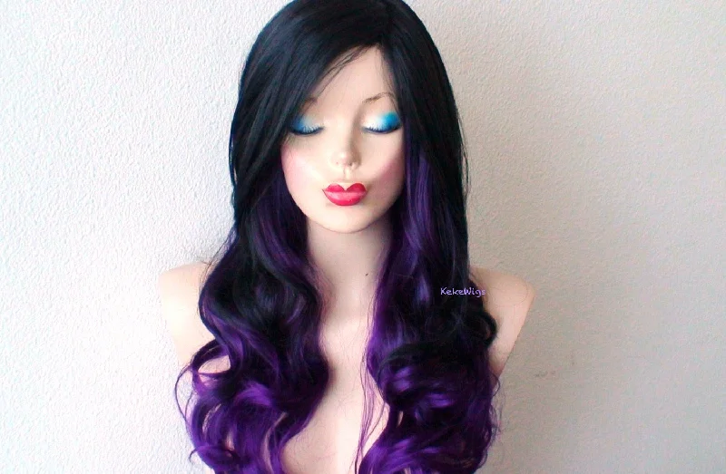 Colored wig with a silver - grey color for a trendy and cool - toned look26"  Black Purple Ombre Long Curly Hair Side Bangs Wig