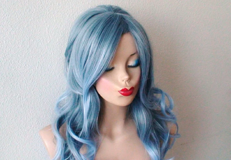 Adjustable - cap colored wig for a comfortable fit26" Pastel Blue Ombre 1960's Long curly Hairstyles Wig.