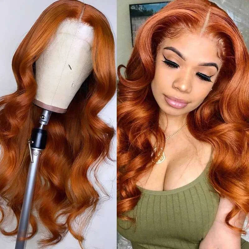 Colored wig with a side - swept bang for a sophisticated lookOrange Ginger Body Wave T Part Lace Wig Sdamey Colored Human Hair Wigs