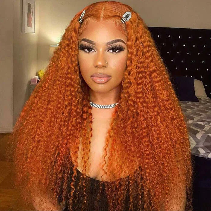 Colored wig with a side - swept bang for a sophisticated lookOrange Ginger Color 13x4/13x6 HD Lace Front Wigs Curly Human Hair Wig