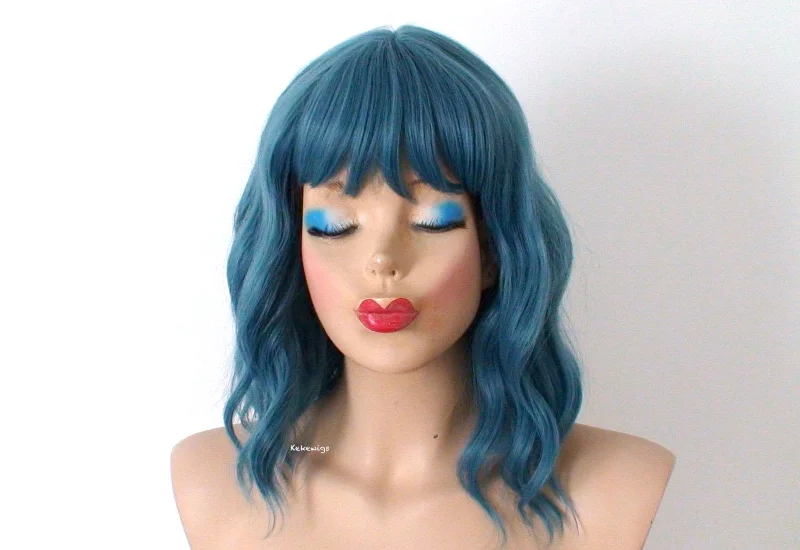 Colored wig with a straight texture for a sleek and minimalist look16" Pastel Dark Teal Blue Short Wavy Hairstyle with Bangs Wig