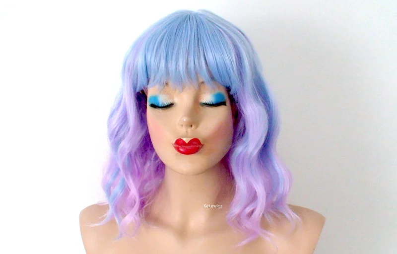 Colored wig with a side - part for a more flattering appearance16" Pastel Blue Lavender Ombre Short Wavy Hair with Bangs Wig