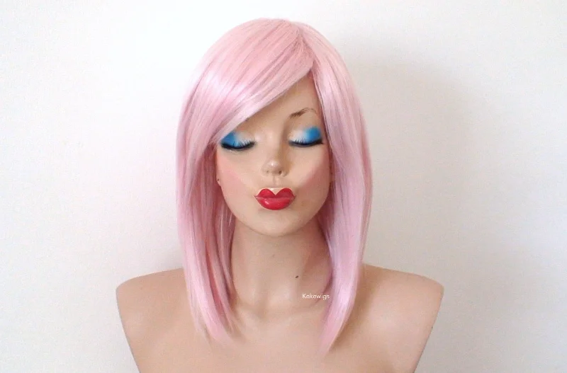 Colored wig with a blue - green ombre effect for a unique and trendy appearance16" Pastel Pink Straight Hair with Side Bangs Wig