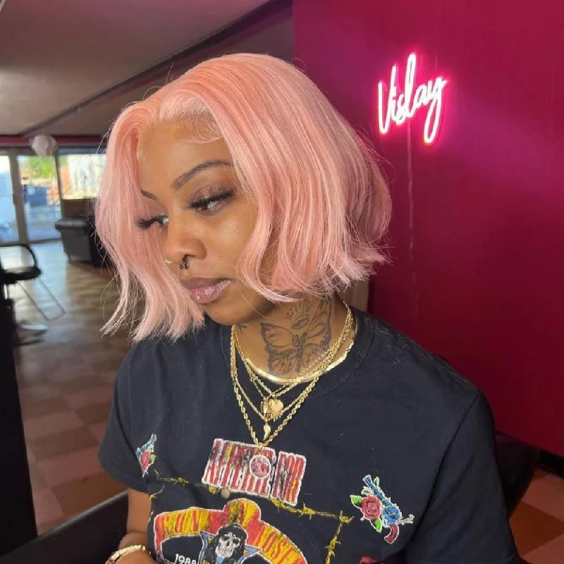 Colored wig with a 150 - density for a full and thick appearancePink Color Bob Wig 13x4 HD Lace Front Wigs Pre Plucked Glueless Wig