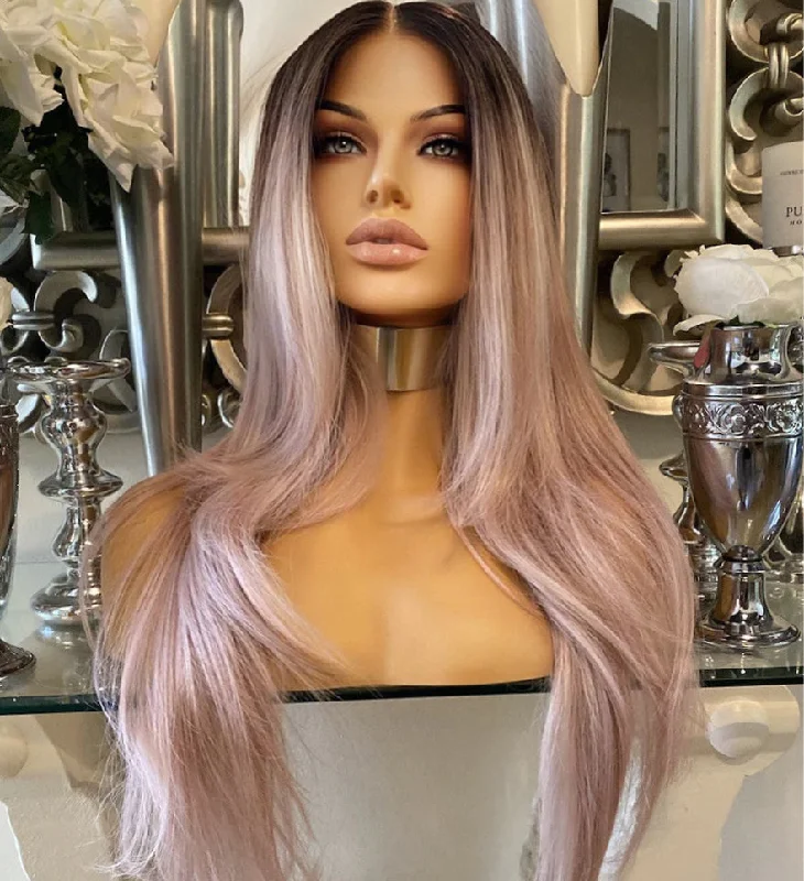 Colored wig with a pre - plucked hairline for a more natural lookSKY DR Pink