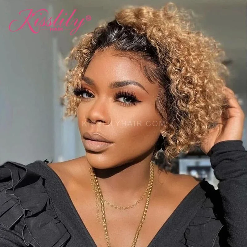 Colored wig with a 150 - density for a full and thick appearanceKisslily Hair Pixie Cut Curly Bob Wig  Ombre Lace Front Human Hair Wig 150% Density [CHC30]