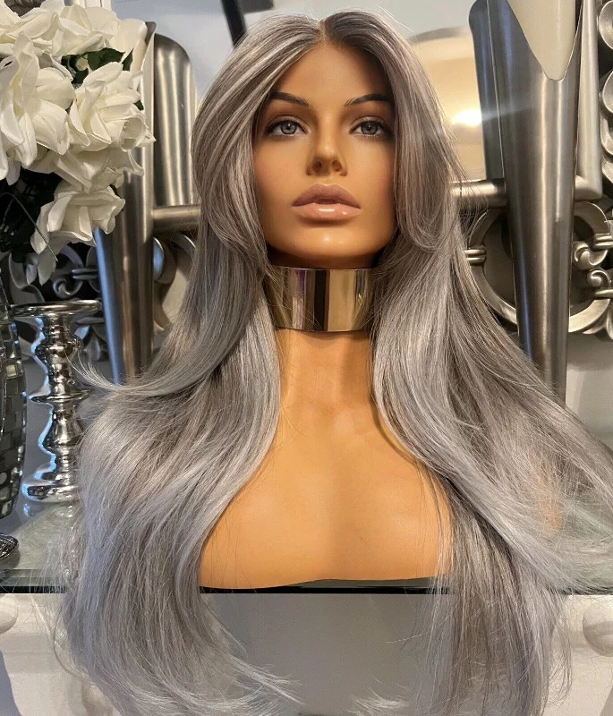 Colored wig with a side - swept bang for a sophisticated lookMandy- Grey Lace Front Wig 180 Density Luxury Hair Grey Wig