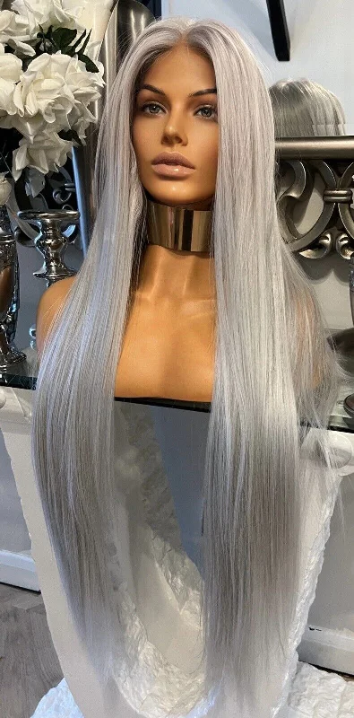 Colored wig with a silk - base cap for a comfortable and smooth feelPlatinum Blonde Grey Lace Front Wig 180 Density Luxury Hair Grey Wig