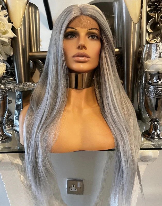 Colored wig with a middle - part for a classic and elegant stylePlatinum Blonde Grey Lace Front Wig 180 Silk Top Lace Front Wig Hair Grey Wig