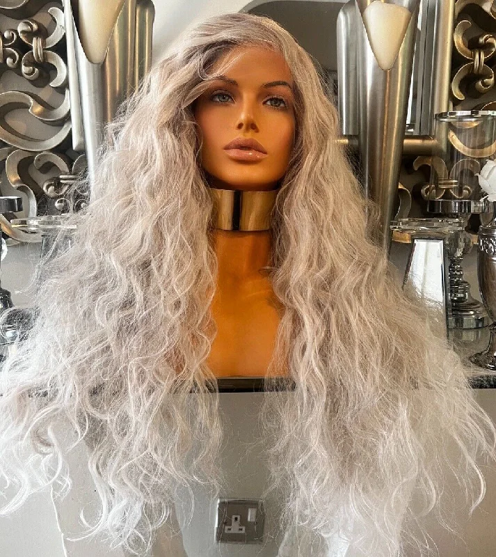 Colored wig with a blue - green ombre effect for a unique and trendy appearanceBeautiful platinum blonde wig