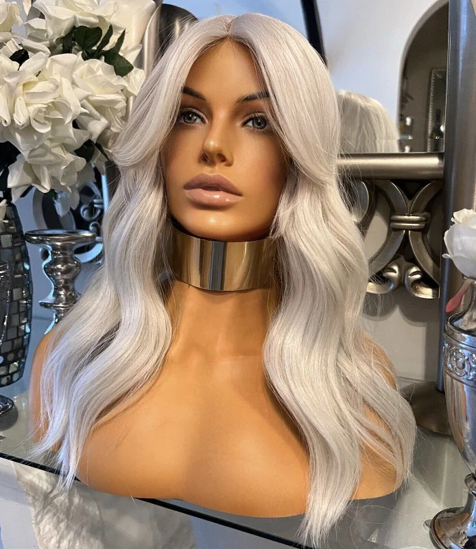 Colored wig with a side - part for a more flattering appearancePlatinum Blonde Lace Front Wig Transparent Lace Centre Part Icy Grey Platinum