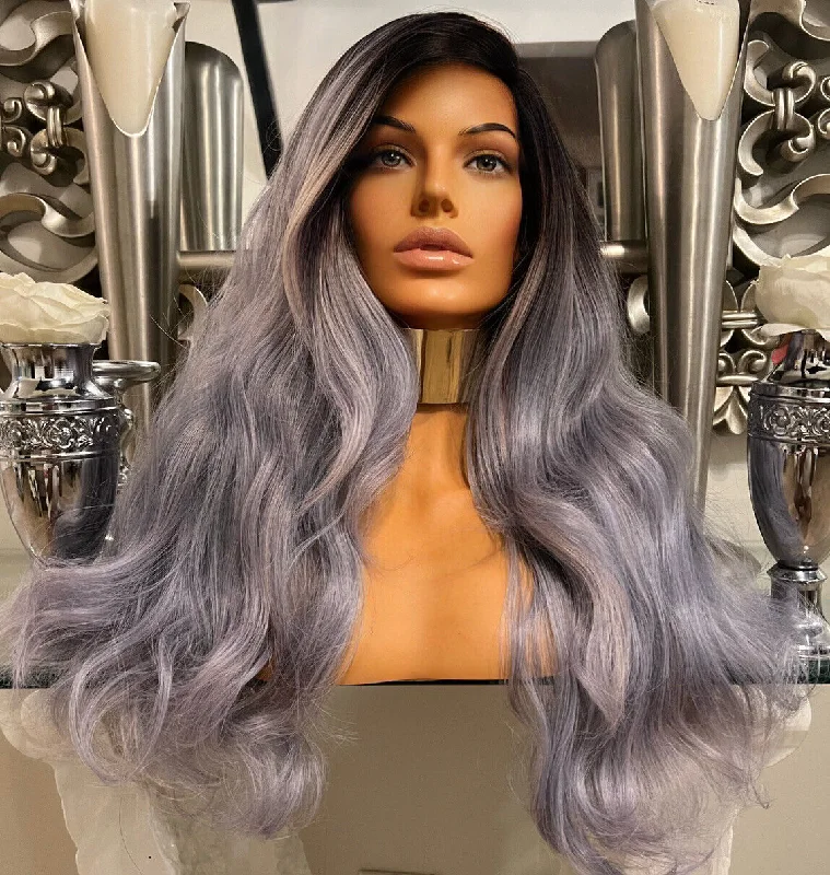 Colored wig with a middle - part for a classic and elegant styleGrey lace Front Wig Long Grey Luxury Hair Piece Part built in cap Wig