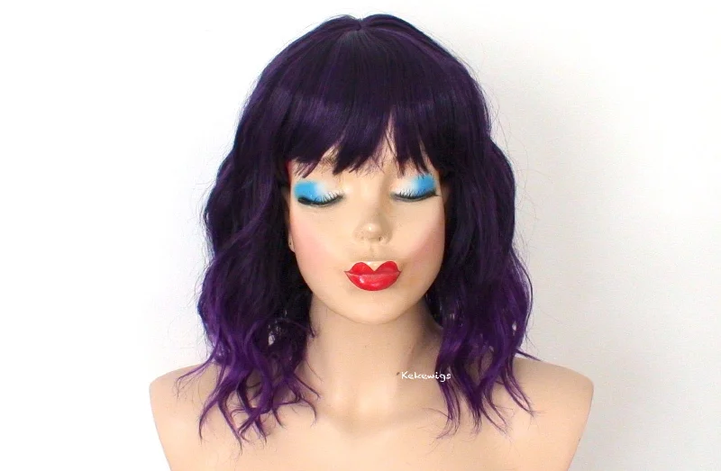 Adjustable - cap colored wig for a comfortable fit16" Purple Ombre Short Wavy Hair with Bangs Wig