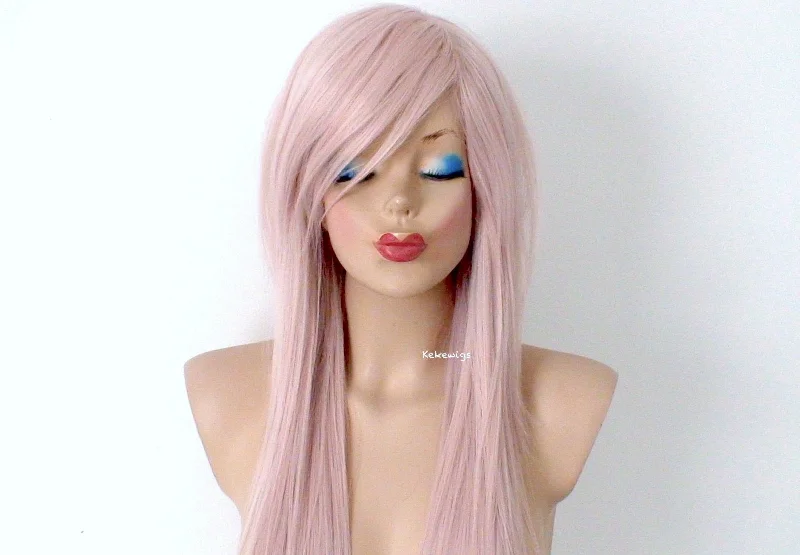 Colored wig with a curly texture for a bold and stylish choice28" Antique Pink Long Straight Hair Long Side Bangs Wig. Scene Wig. Emo Wig.