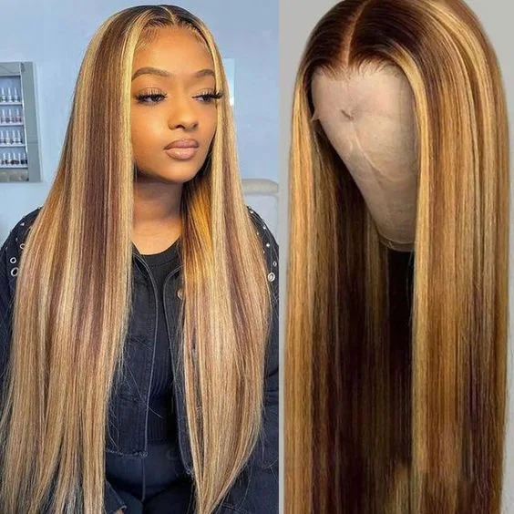 Colored wig with a pre - plucked hairline for a more natural lookSilky Straight Ombre #4#27 Transparent Lace Frontal Human Hair Wig