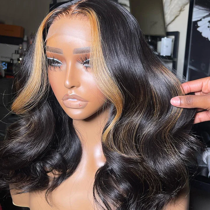 Adjustable - cap colored wig for a comfortable fit14Inch $89.9 Skunk Stripe Body Wave Bob Wig Human Hair Wigs 13x4 Transparent HD Lace Wig 180% Density