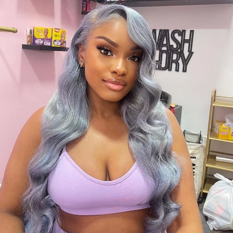 Colored wig with a side - swept bang for a sophisticated lookSilver Grey Color Body Wave 13x4/4*4 HD Lace Front Wigs Glueless Human Hair Wigs