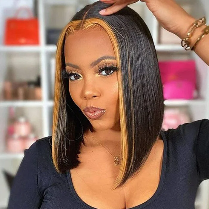 Colored wig with a straight texture for a sleek and minimalist lookStraight Short Bob 13x4 Lace Font Wig With Blonde Highlights Streaks In Front Bob Wigs