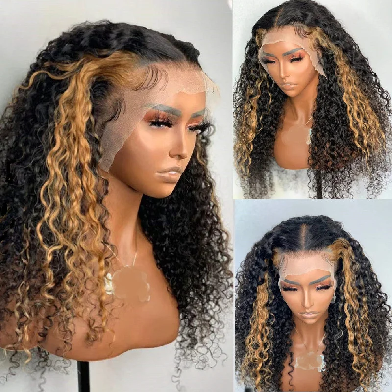 Colored wig with a red - orange hue for a warm and energetic lookTransparent Lace Frontal Ombre #27 Curly Style Human Hair Wig