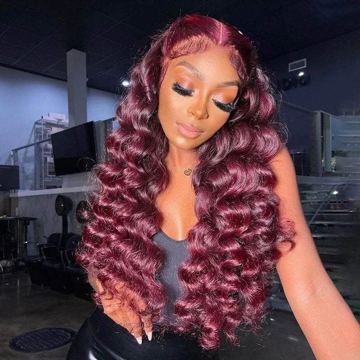 Colored wig with a 150 - density for a full and thick appearanceWand Curl Loose Deep Wave Lace Front Wigs Wand Curl Human Hair #99J Burgundy Wig