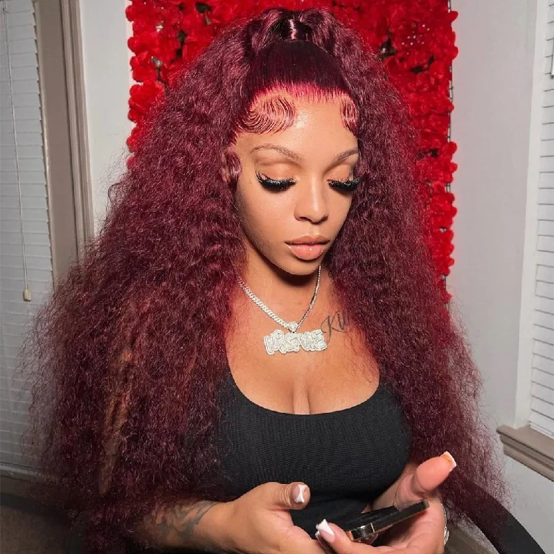 Colored wig with a natural - looking root for a more realistic lookGlueless Water Wave Burgundy Lace Frontal Human Hair Wig